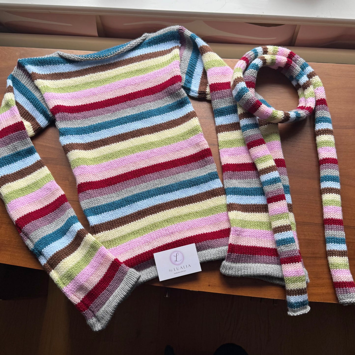 Handmade multicoloured striped knitted jumper with flared sleeves (pre made in size S)