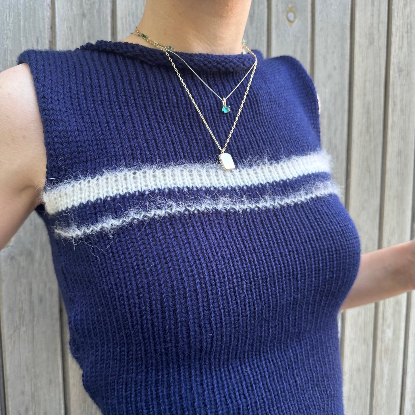 The Blueberry Vest: handmade navy blue and cream striped vest top - choose with or without bow back