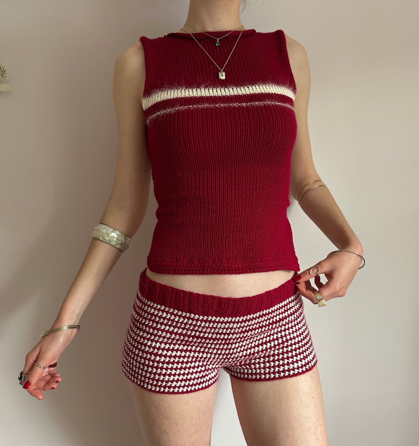 The Cherry Shorts - dark red and cream striped crochet shorts
