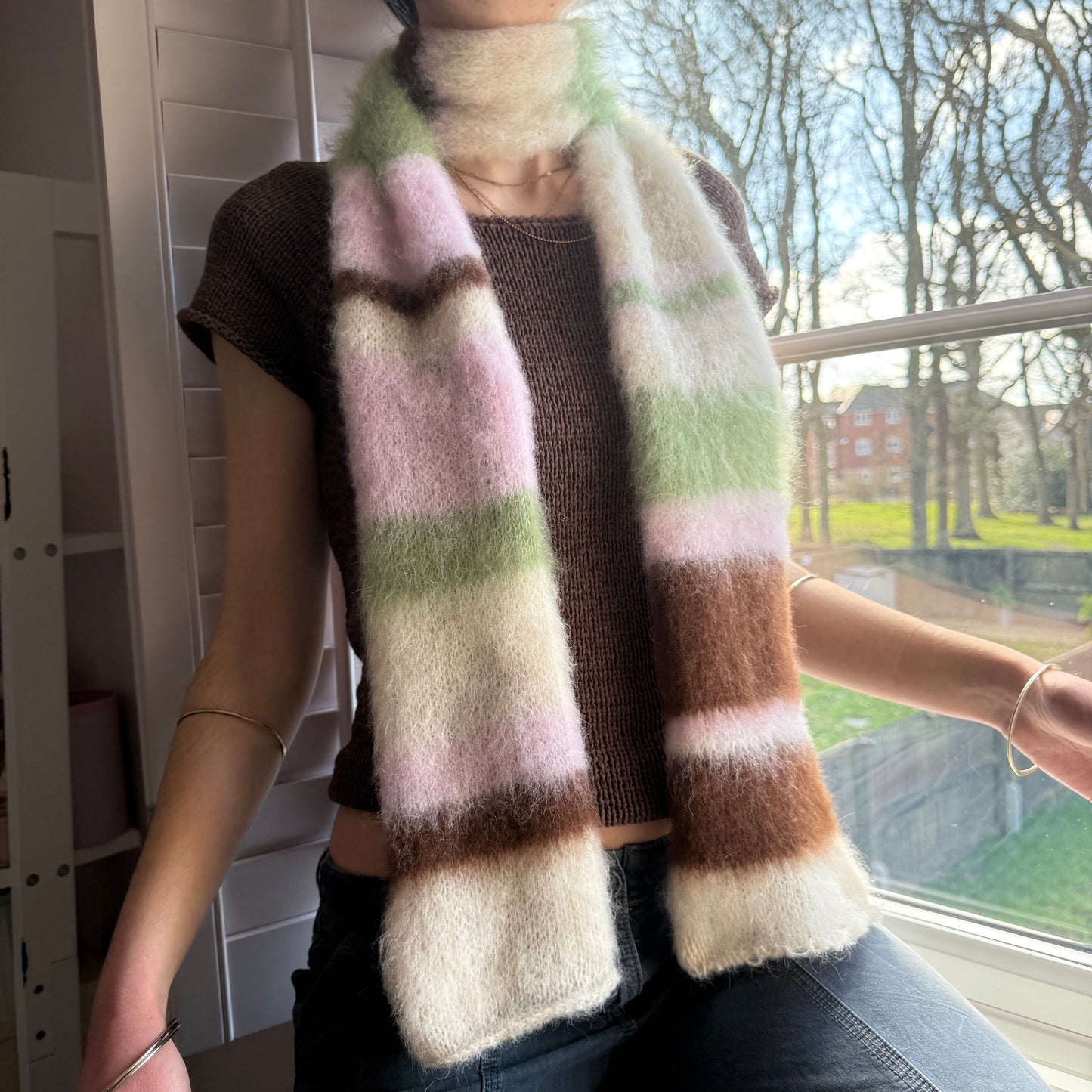 Handmade cream, light green, brown and baby pink fluffy striped scarf - choose full width or skinny 🌸