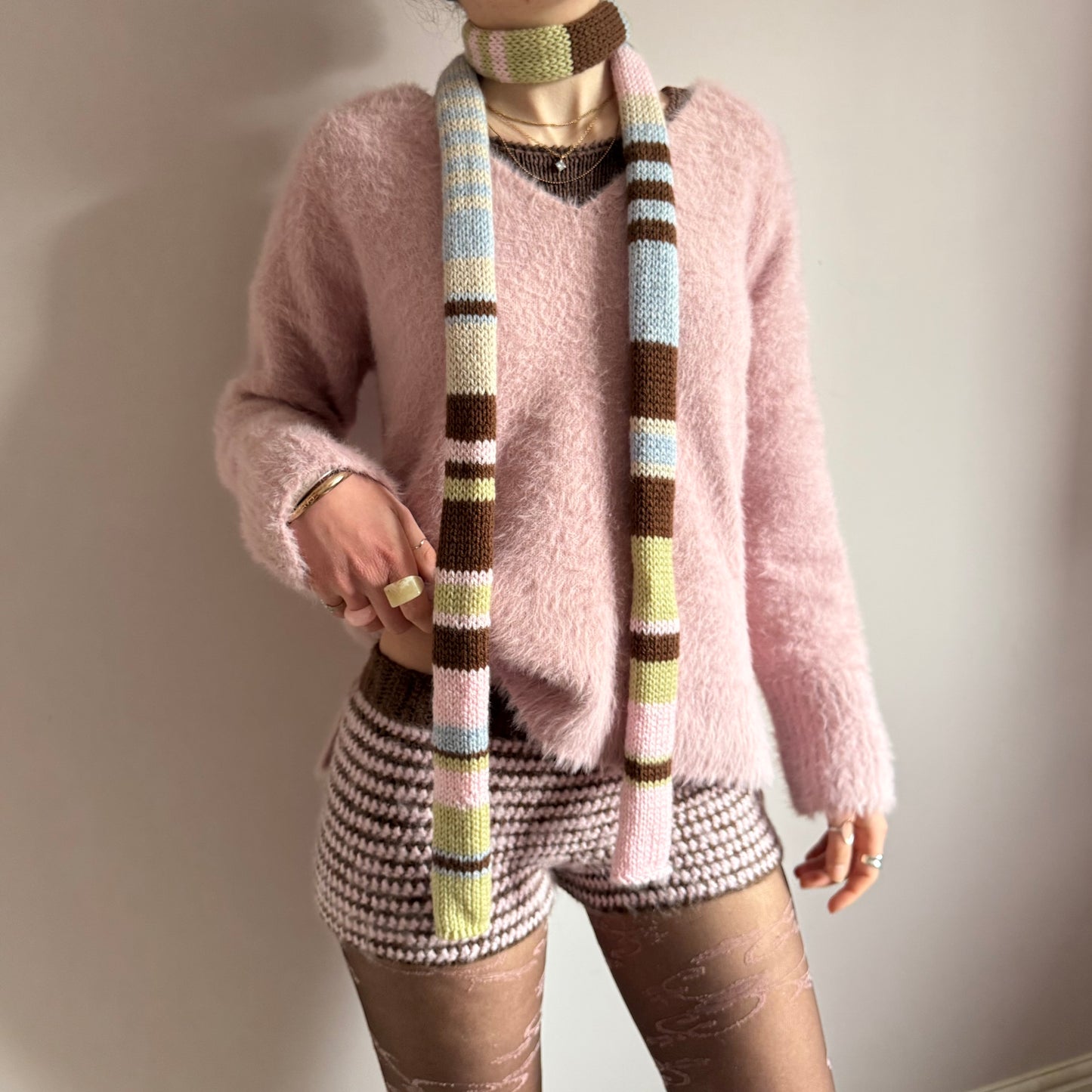 The Springtime Scarf - handmade knitted multicoloured striped skinny scarf