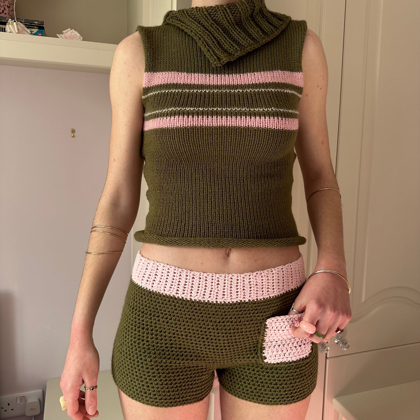 The Jade Shorts - handmade crochet shorts in khaki and baby pink with pocket