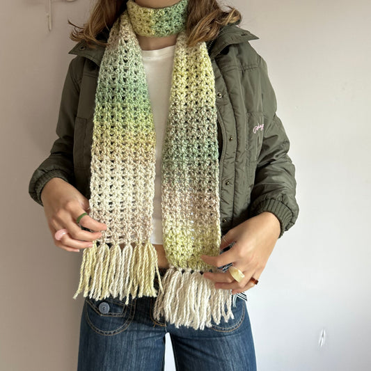 Handmade ombré green, beige and cream tassel crochet scarf