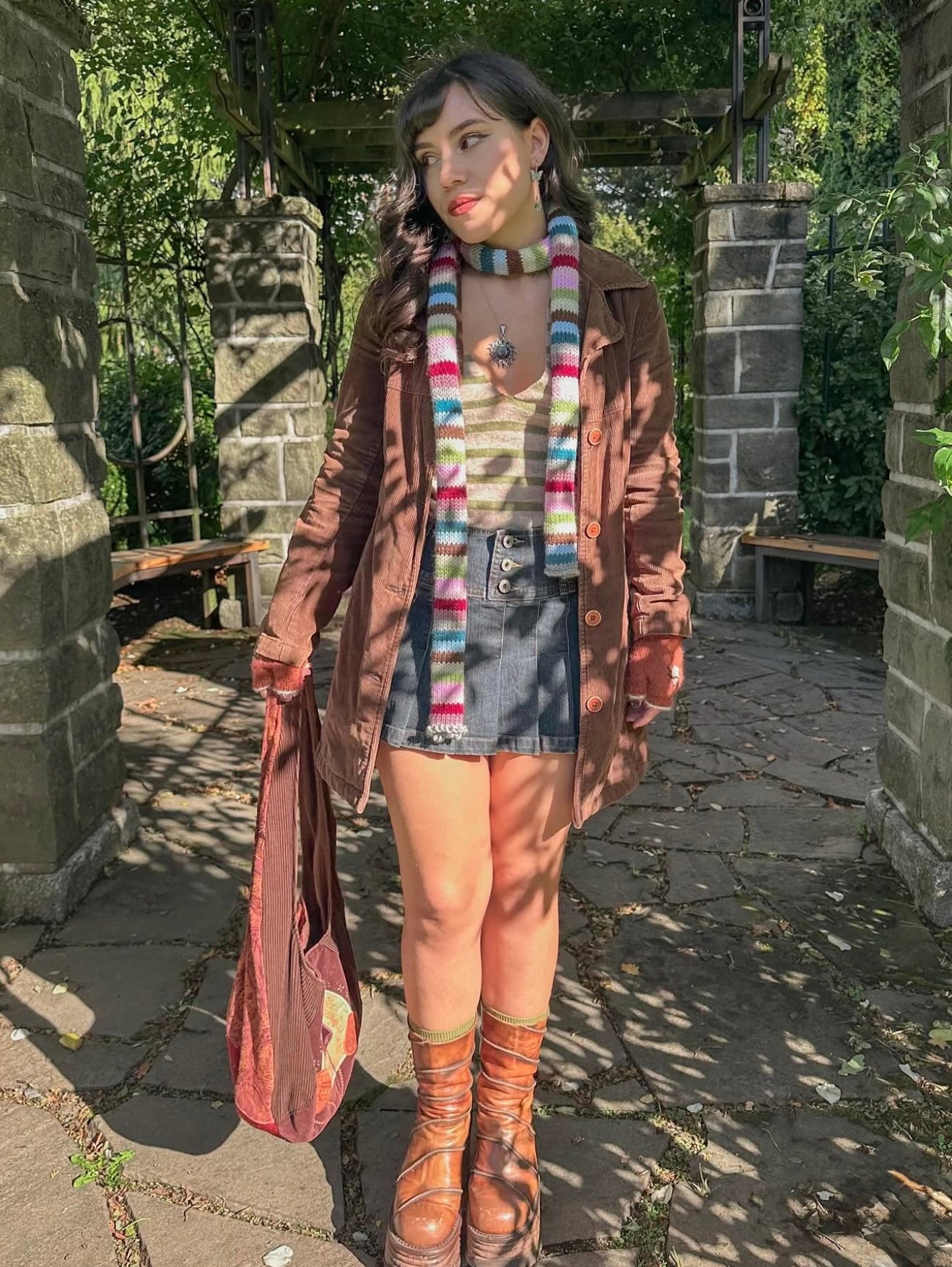 Handmade knitted multicoloured striped skinny scarf