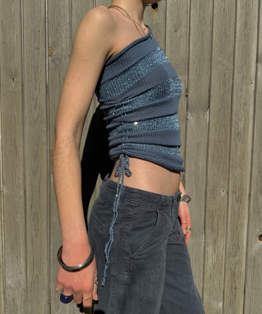 Handmade sequin draped one shoulder knit top in denim blue - cotton
