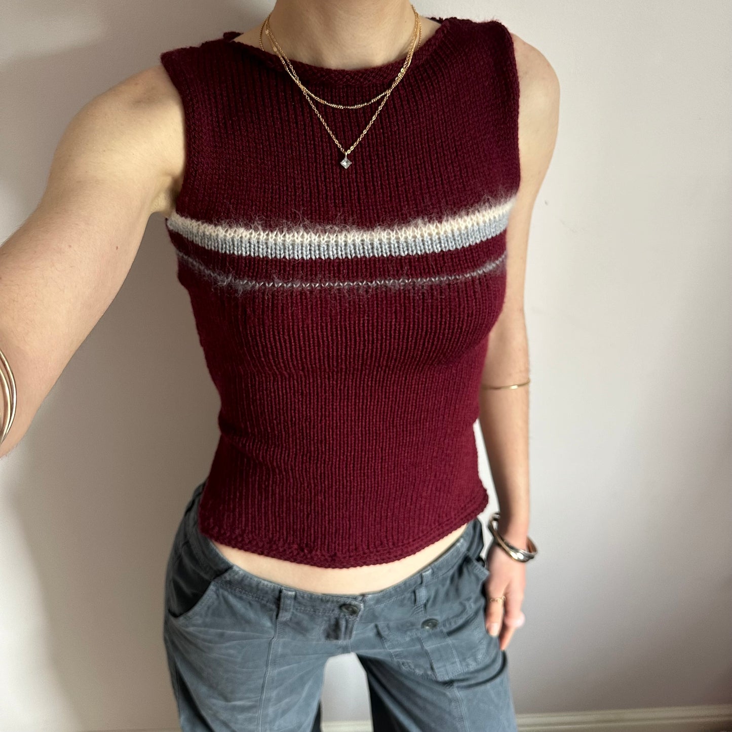 The Bordeaux Vest: handmade burgundy, grey and cream striped knitted tank top - choose with or without bow back