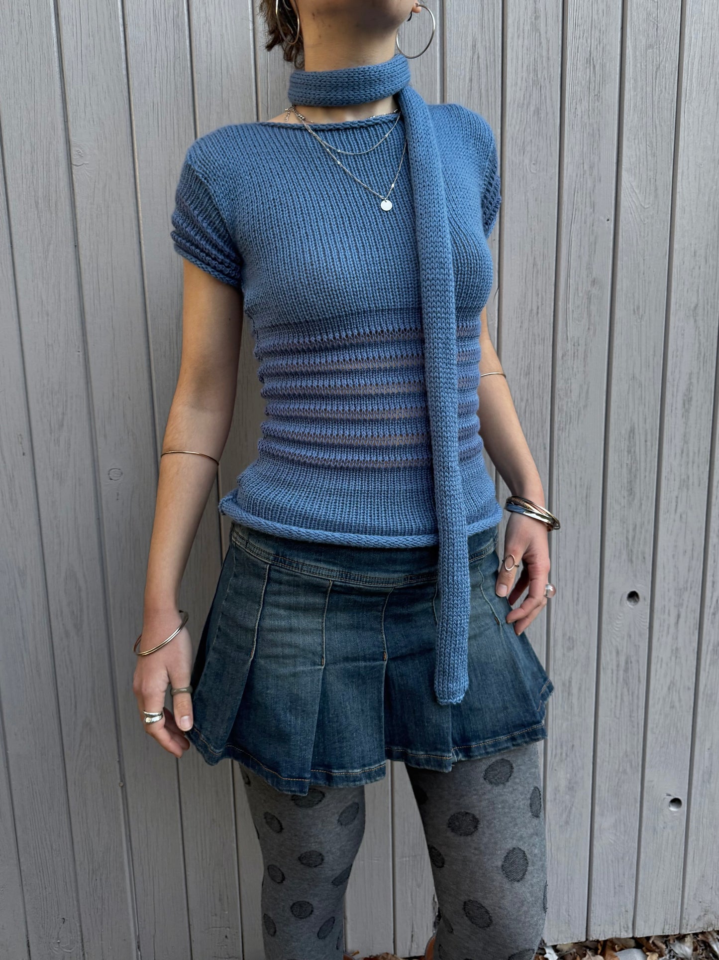 Handmade knitted skinny scarf in denim blue - pre made