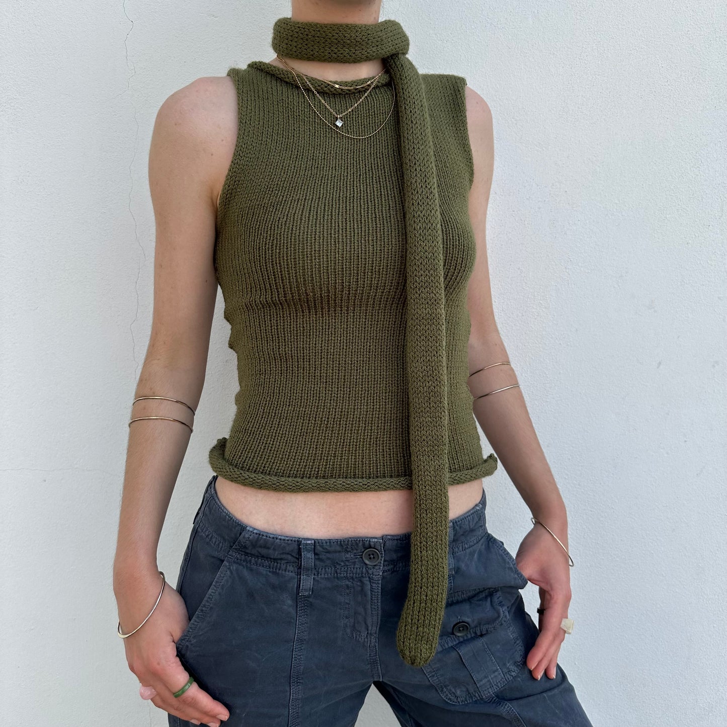 Handmade khaki green off the shoulder knit vest