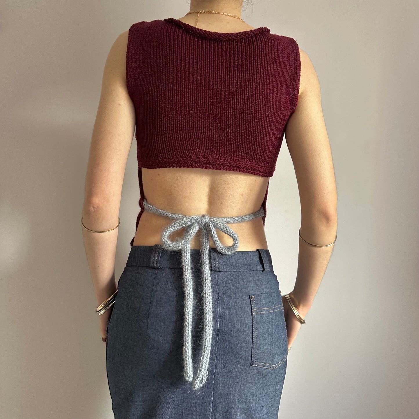 The Bordeaux Vest: handmade burgundy, grey and cream striped knitted tank top - choose with or without bow back
