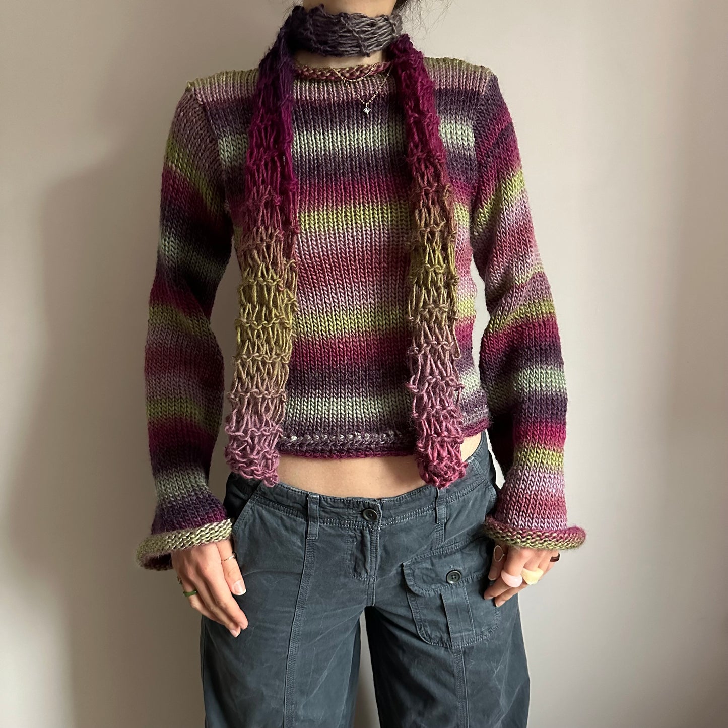 Handmade fishnet knitted scarf in ombré green and purple