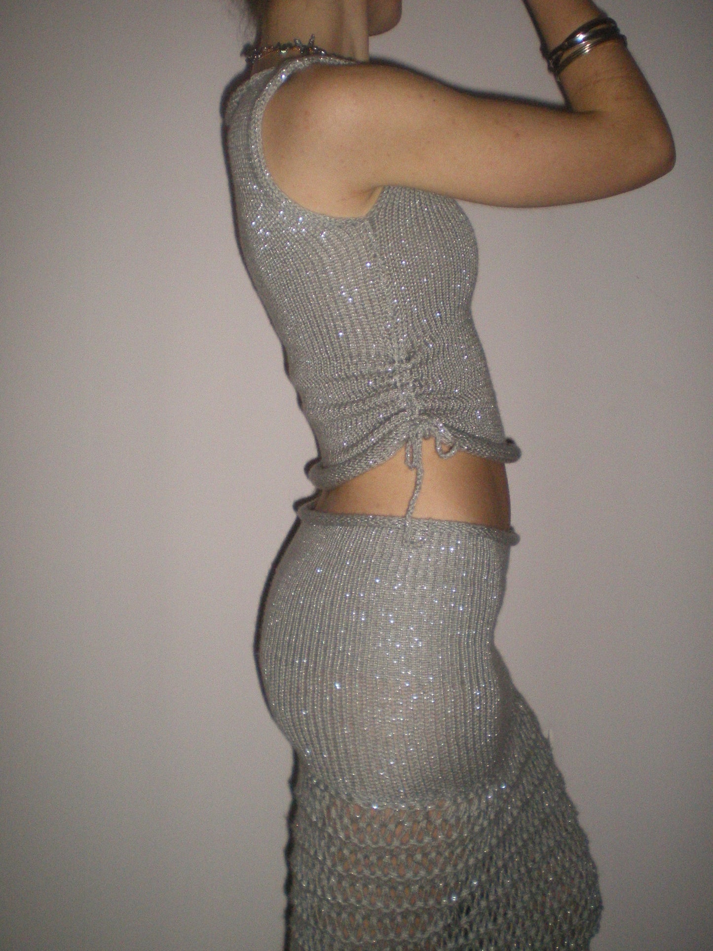 Handmade silver metallic ruched knitted vest