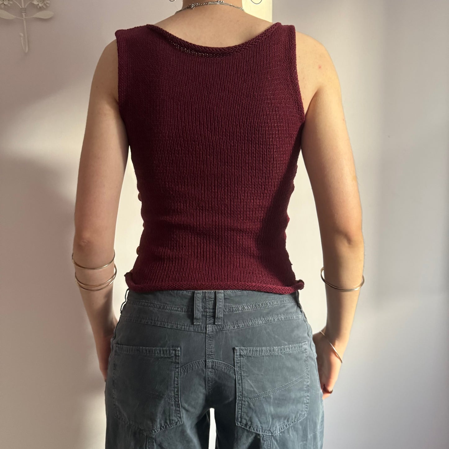 Handmade knitted Pearl Vest - burgundy (pre made in size S).