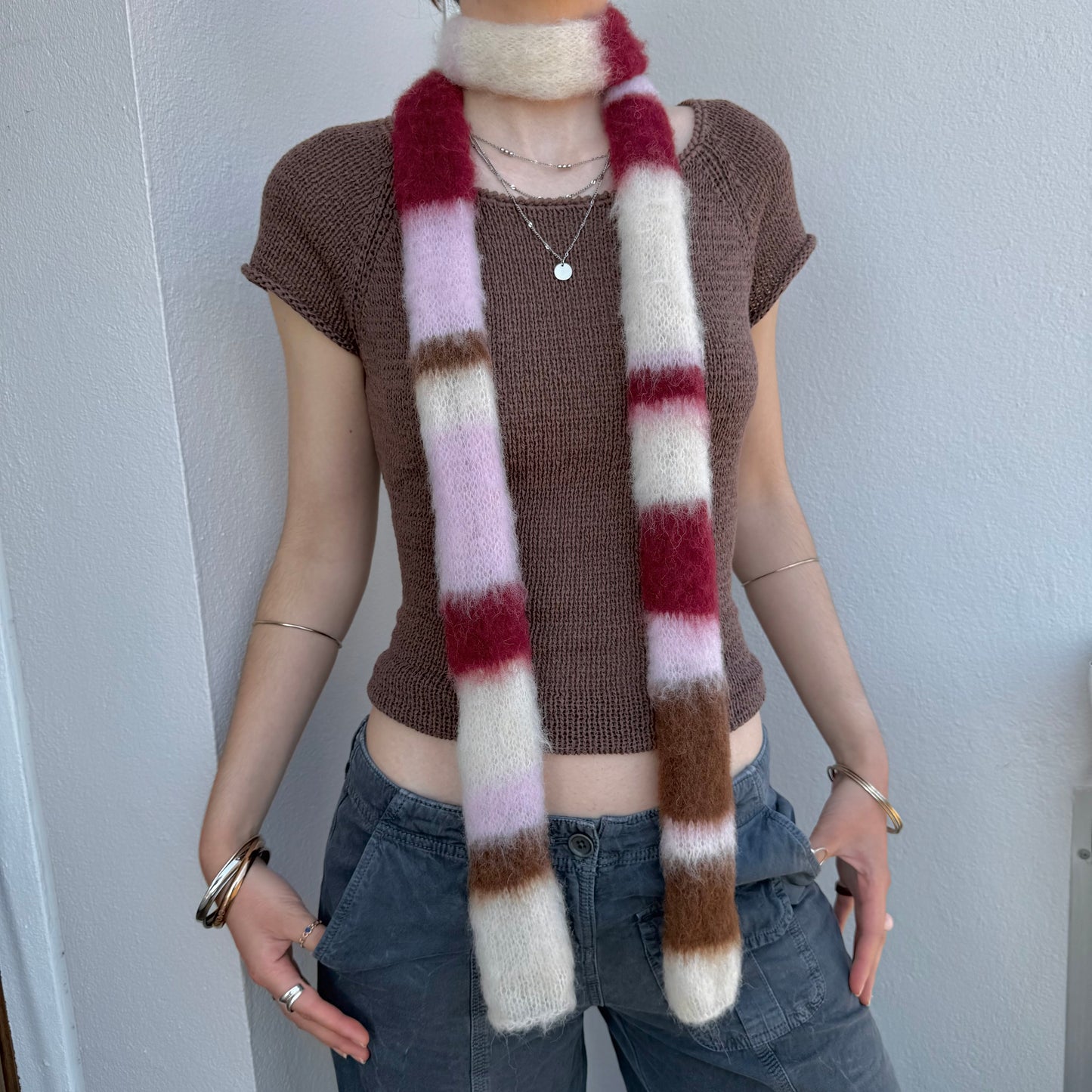 Handmade cream, burgundy, brown and baby pink fluffy striped scarf - choose full width or skinny 🌸