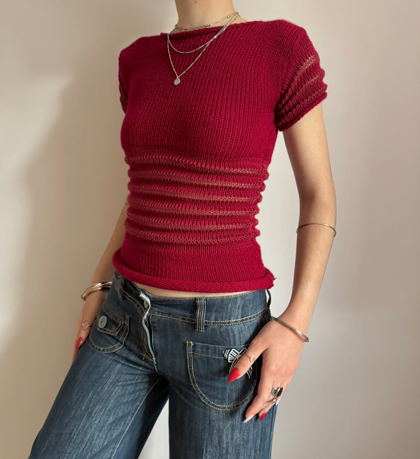 The Ripple Tee in cherry red - handmade shirred top with puff sleeves