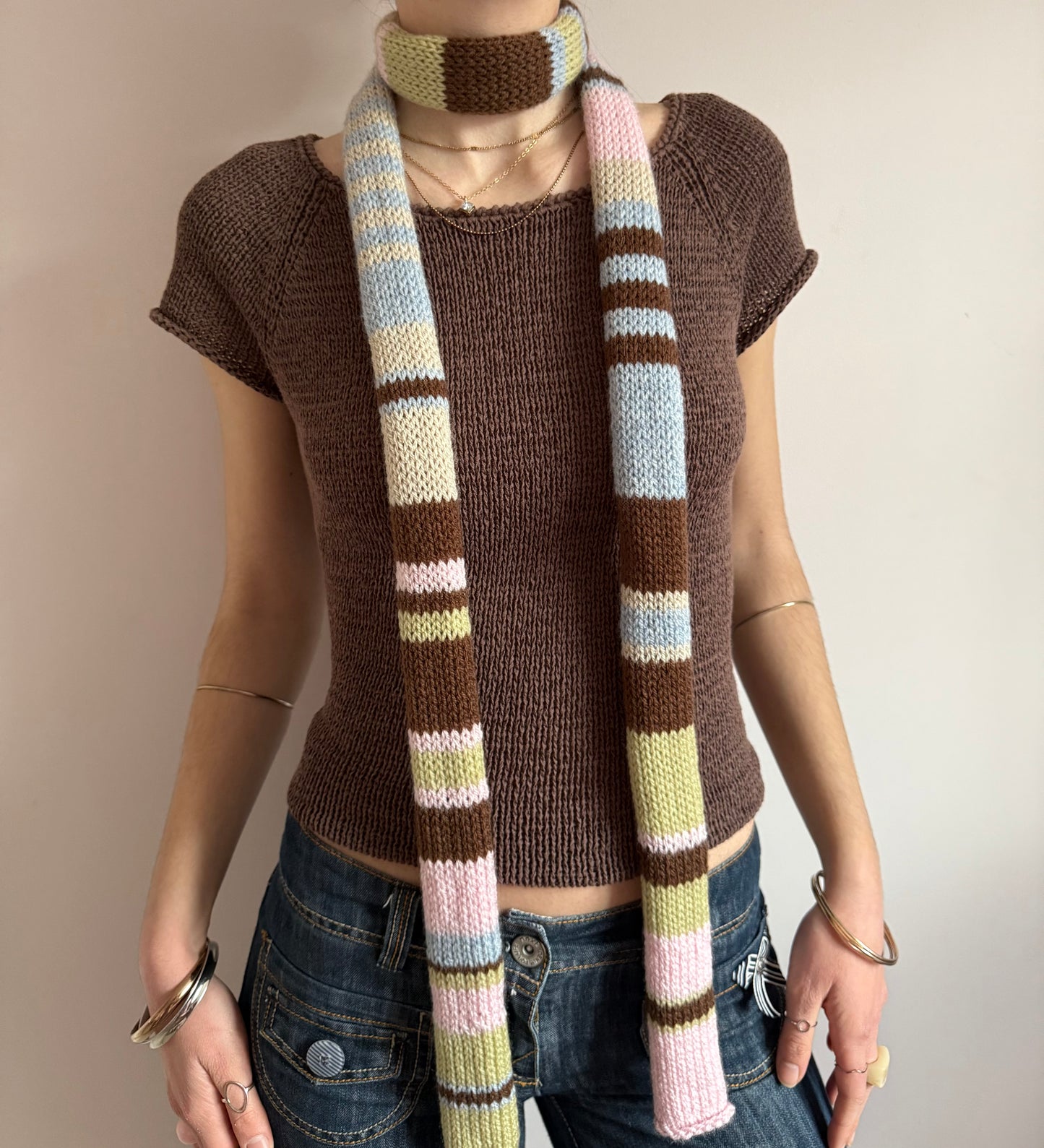 The Springtime Scarf - handmade knitted multicoloured striped skinny scarf