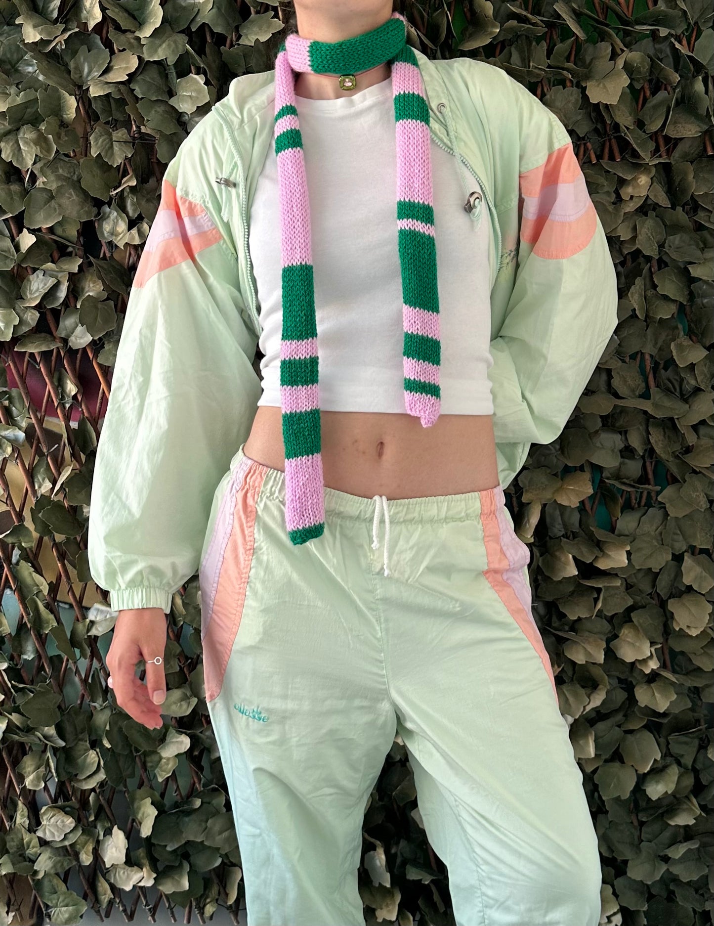 Handmade knitted stripy skinny scarf in baby pink and green