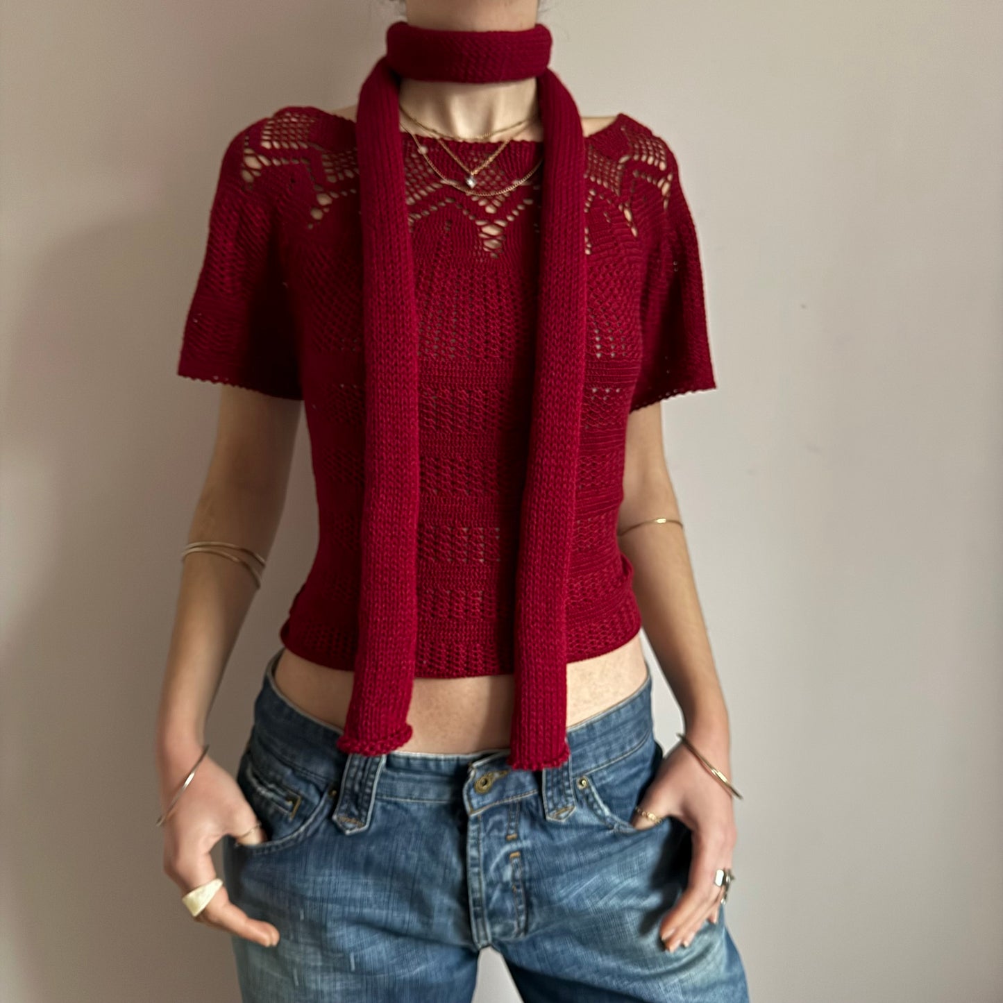 Handmade knitted skinny scarf in dark red
