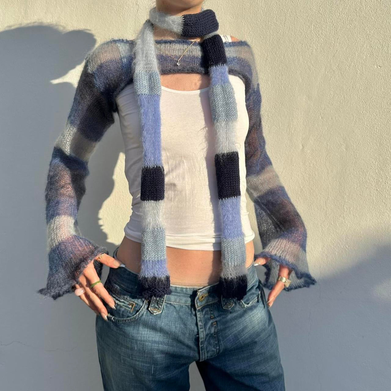 Handmade knitted ultra cropped mohair jumper / bolero in stripy blue