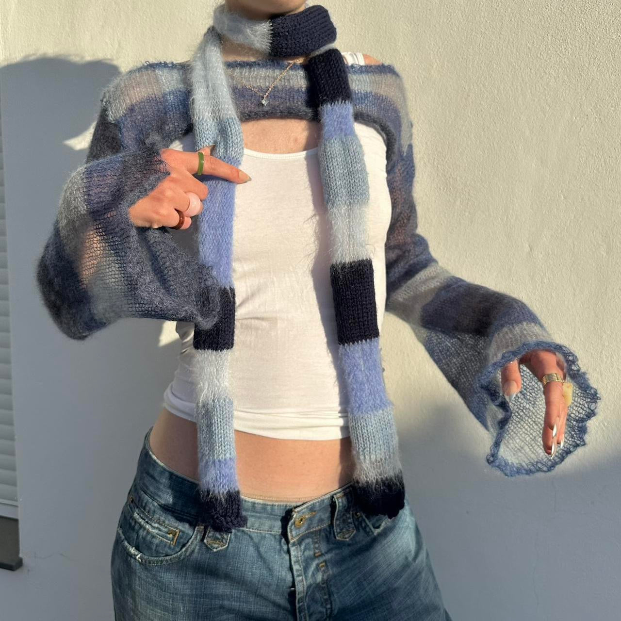 Handmade knitted ultra cropped mohair jumper / bolero in stripy blue