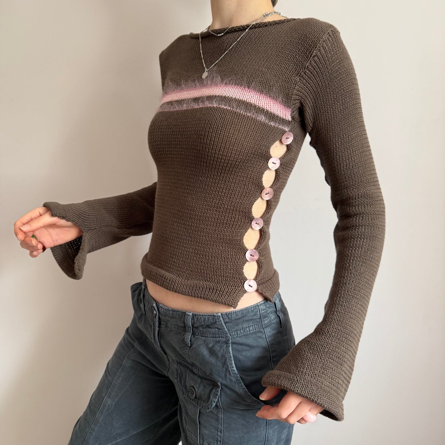 Pearl Long Sleeve in mocha - handmade striped knit jumper with pink mother of pearl buttons