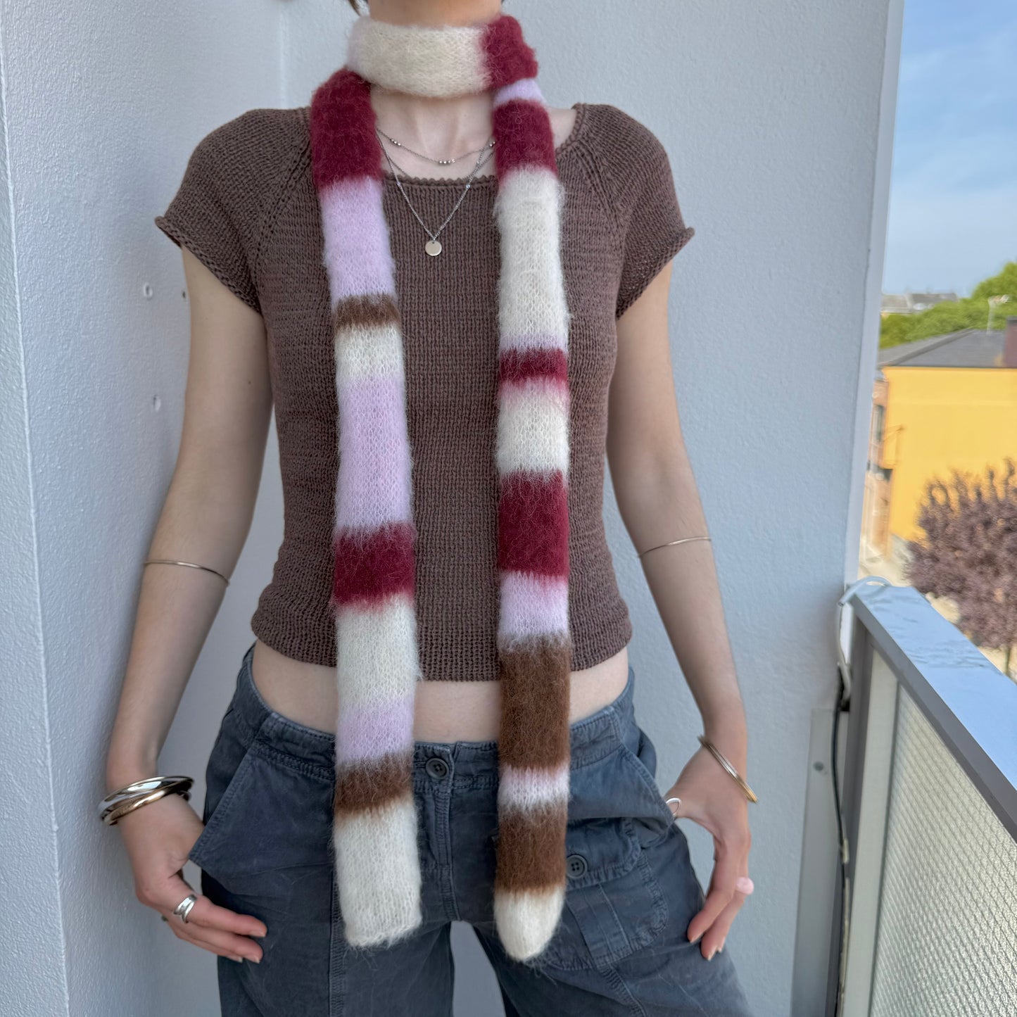 Handmade cream, burgundy, brown and baby pink fluffy striped scarf - choose full width or skinny 🌸