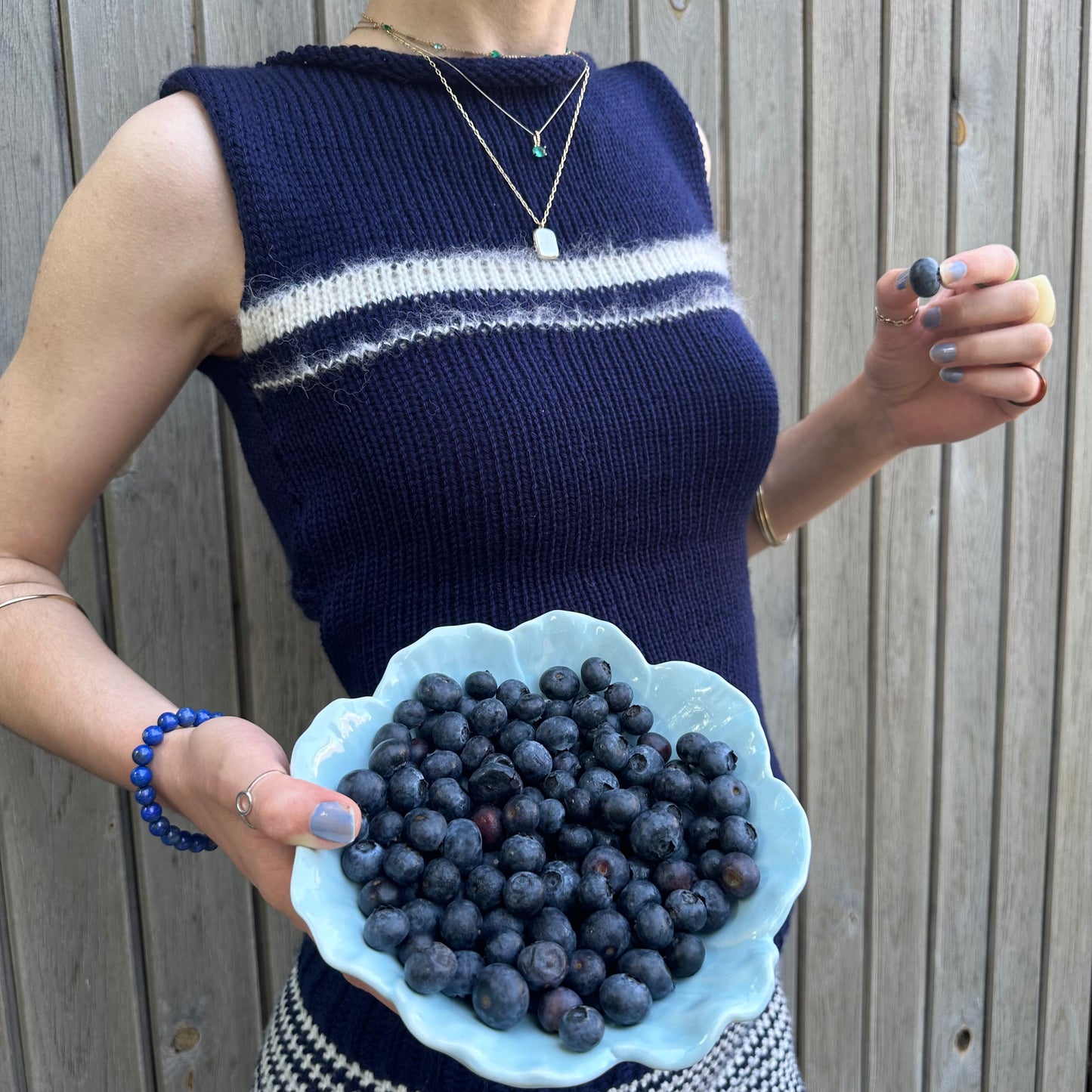 The Blueberry Vest: handmade navy blue and cream striped vest top - choose with or without bow back