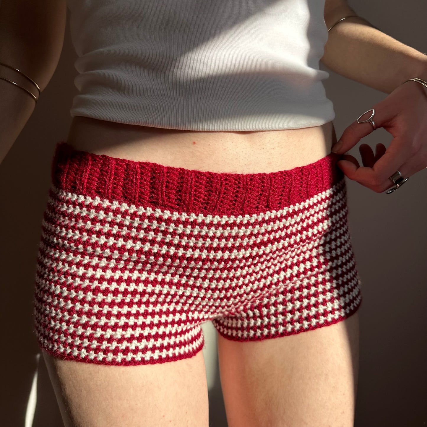 The Cherry Shorts - dark red and cream striped crochet shorts