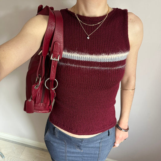 The Bordeaux Vest: handmade burgundy, grey and cream striped knitted tank top - choose with or without bow back