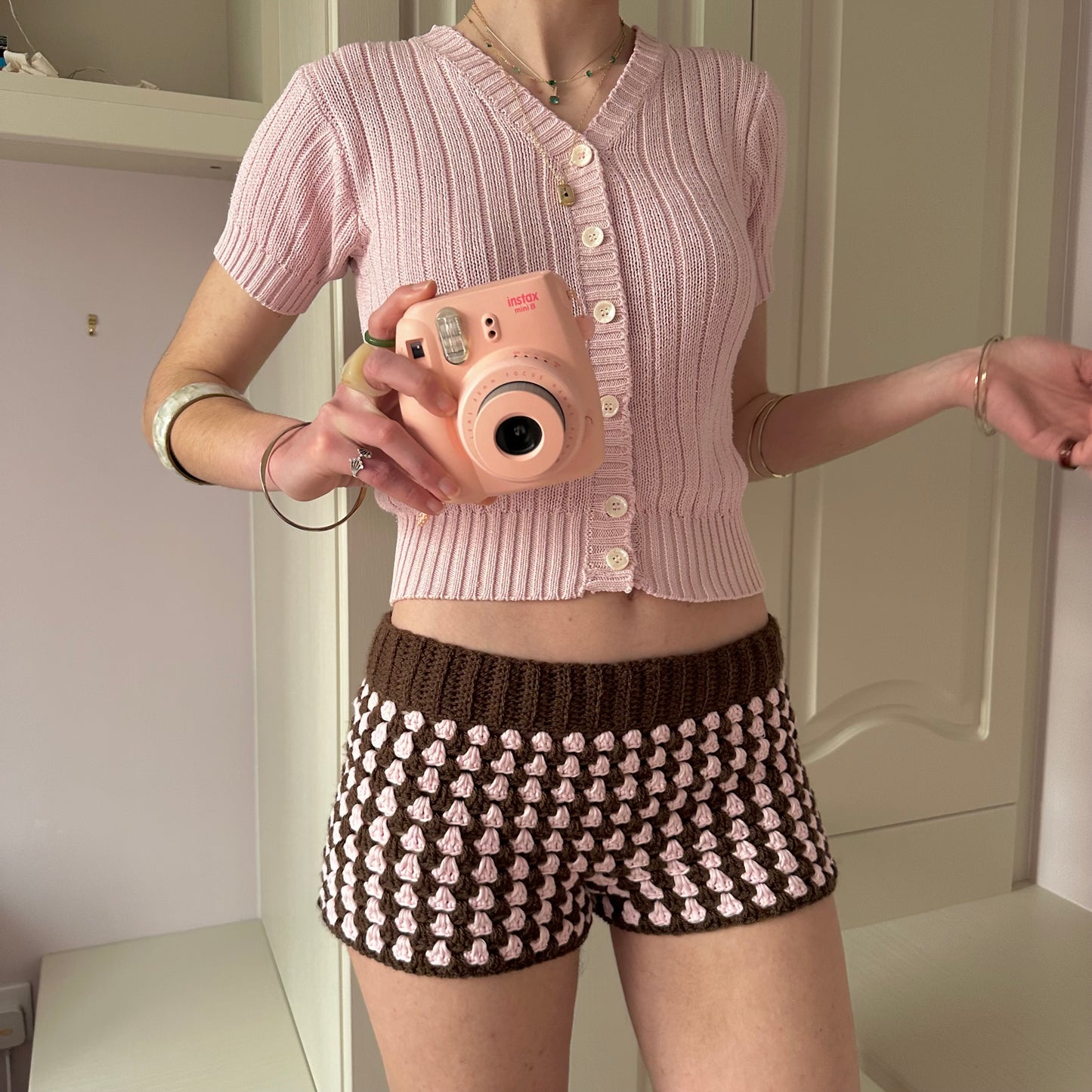 Handmade gingham crochet shorts in brown and pink