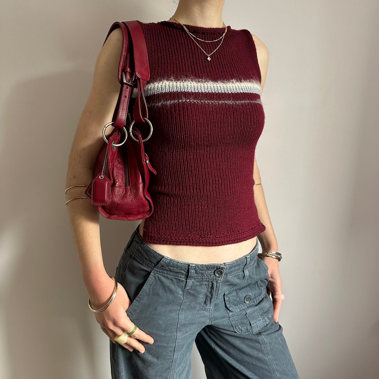 The Bordeaux Vest: handmade burgundy, grey and cream striped knitted tank top - choose with or without bow back