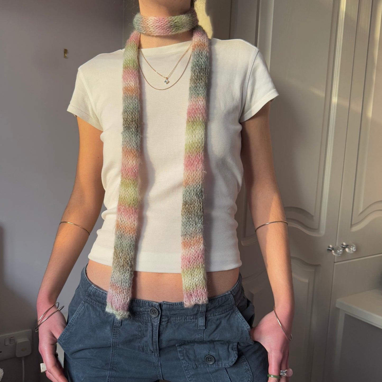 Handmade pastel shades knitted mohair ombré skinny scarf