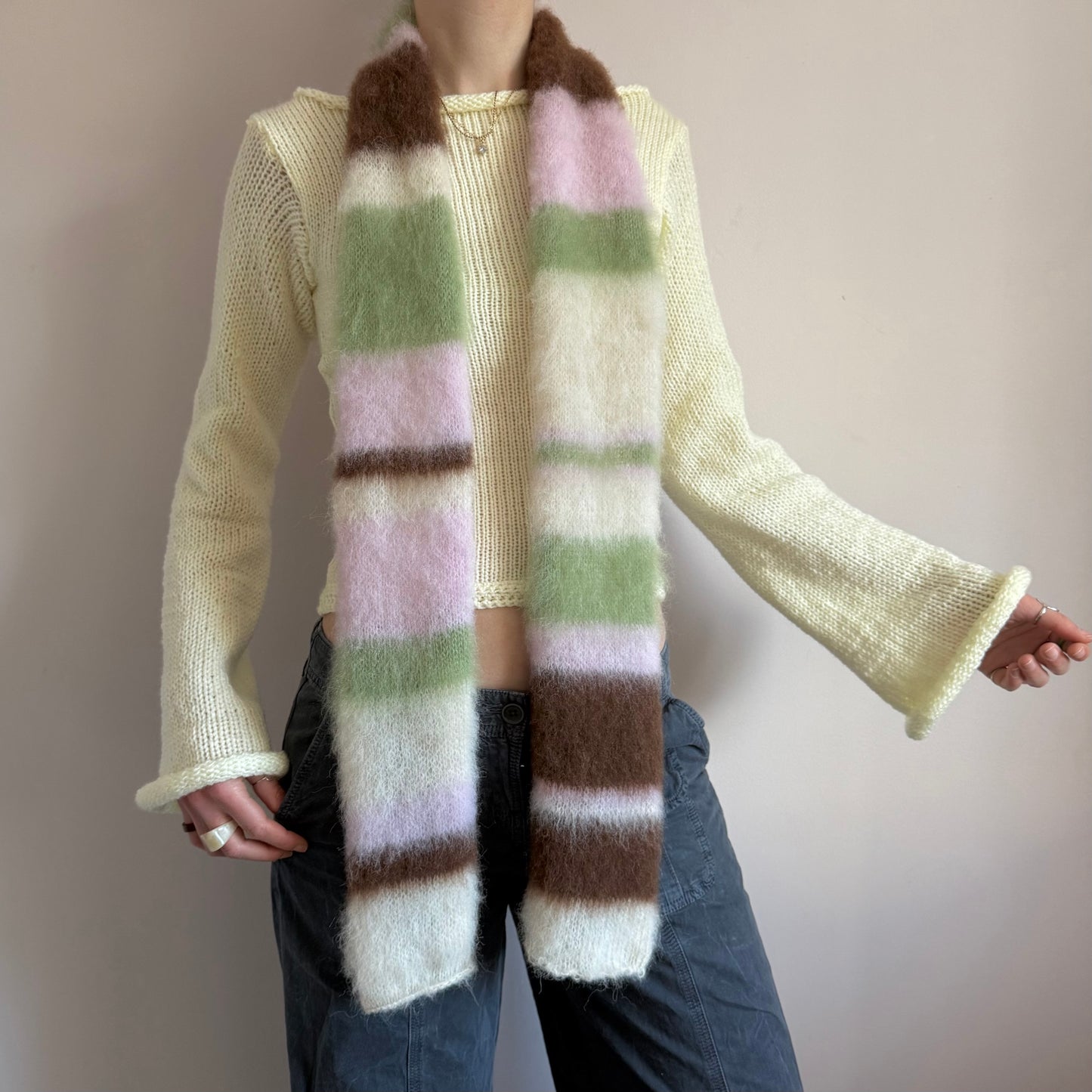 Handmade cream, light green, brown and baby pink fluffy striped scarf - choose full width or skinny 🌸