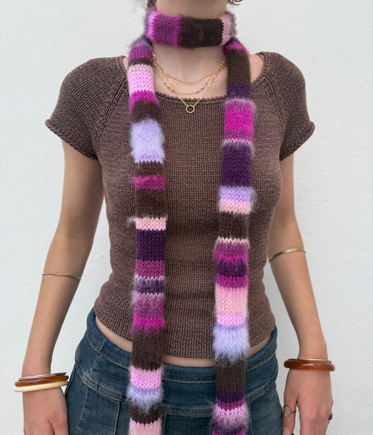 Purple, pink and brown handmade knitted mohair striped skinny scarf - pre made