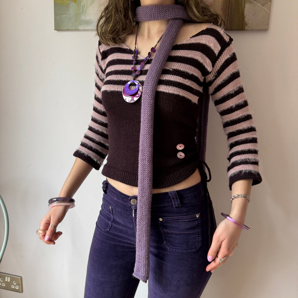 Handmade knitted skinny scarf in dusky purple
