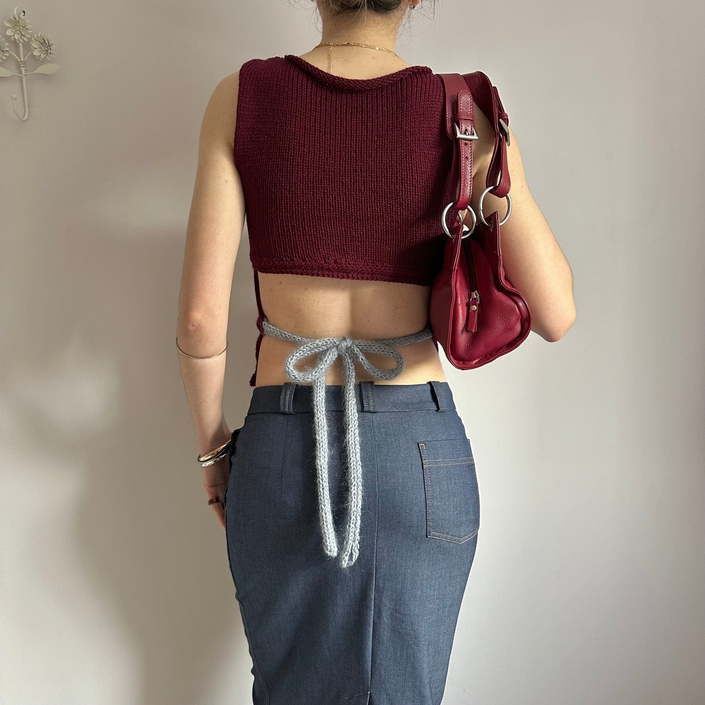 The Bordeaux Vest: handmade burgundy, grey and cream striped knitted tank top - choose with or without bow back