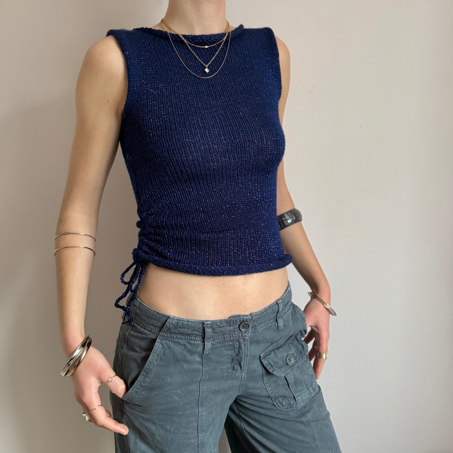 Handmade dark blue metallic ruched knitted vest