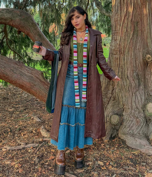 Handmade knitted multicoloured striped skinny scarf