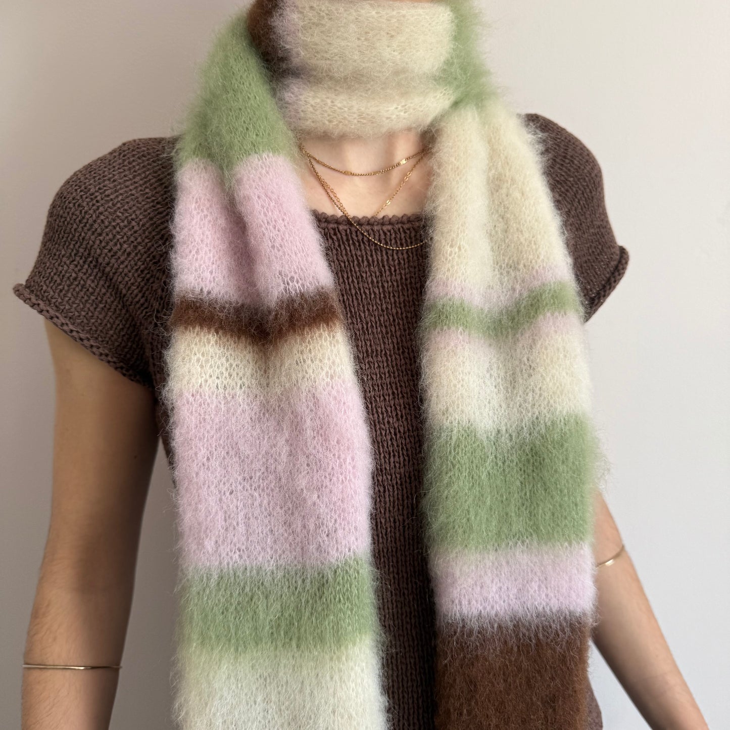 Handmade cream, light green, brown and baby pink fluffy striped scarf - choose full width or skinny 🌸