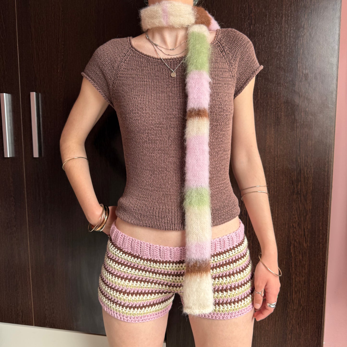 Handmade cream, light green, brown and baby pink fluffy striped scarf - choose full width or skinny 🌸