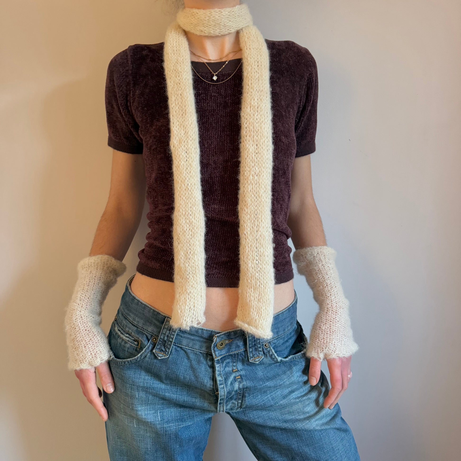 matching set cream mohair gloves and hand warmers