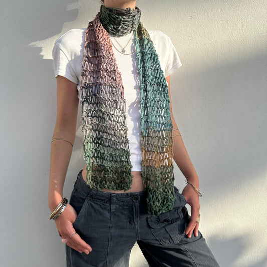 Handmade ombré fishnet knitted scarf in green, brown, blue and yellow