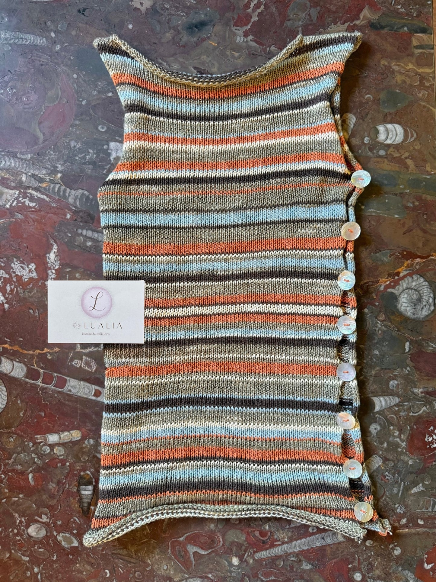 Retro Striped Pearl Vest - handmade knitted vest with mother of pearl buttons