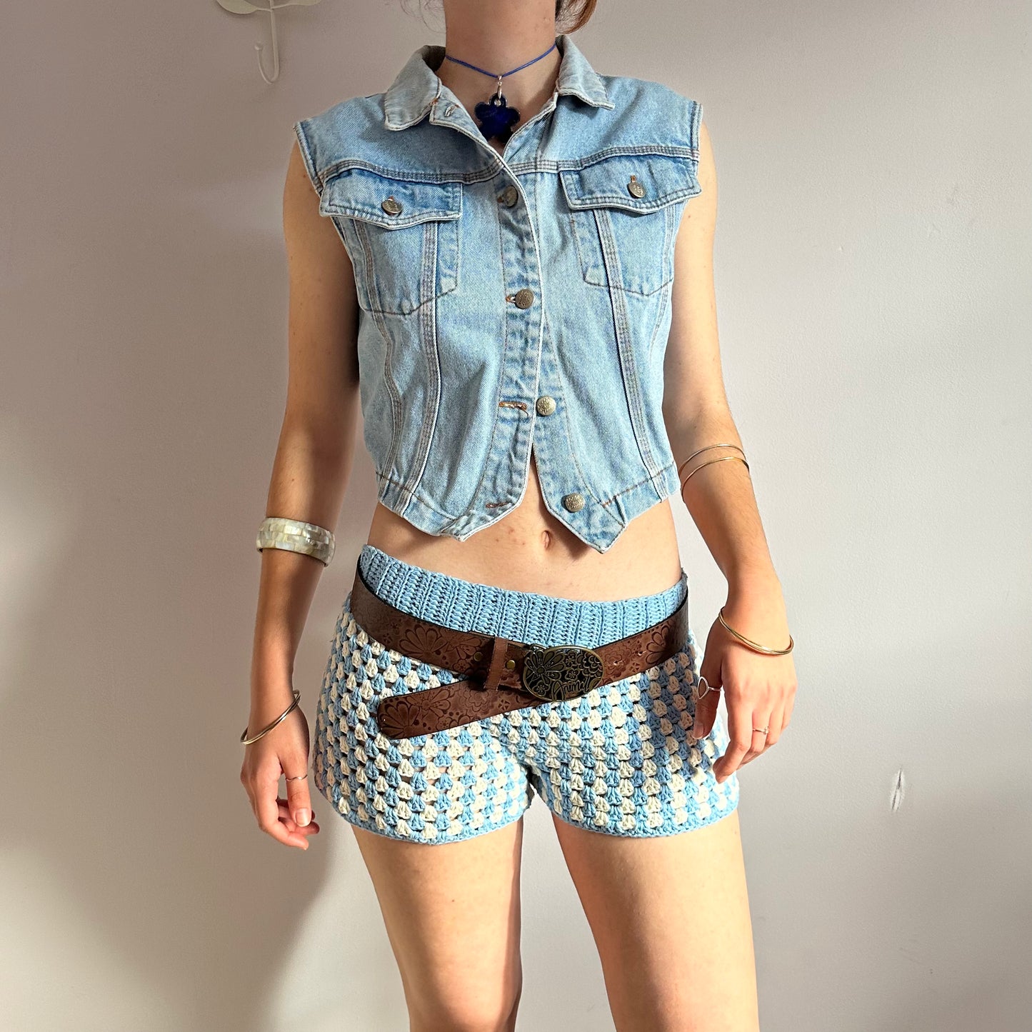 Handmade gingham crochet shorts in baby blue and cream