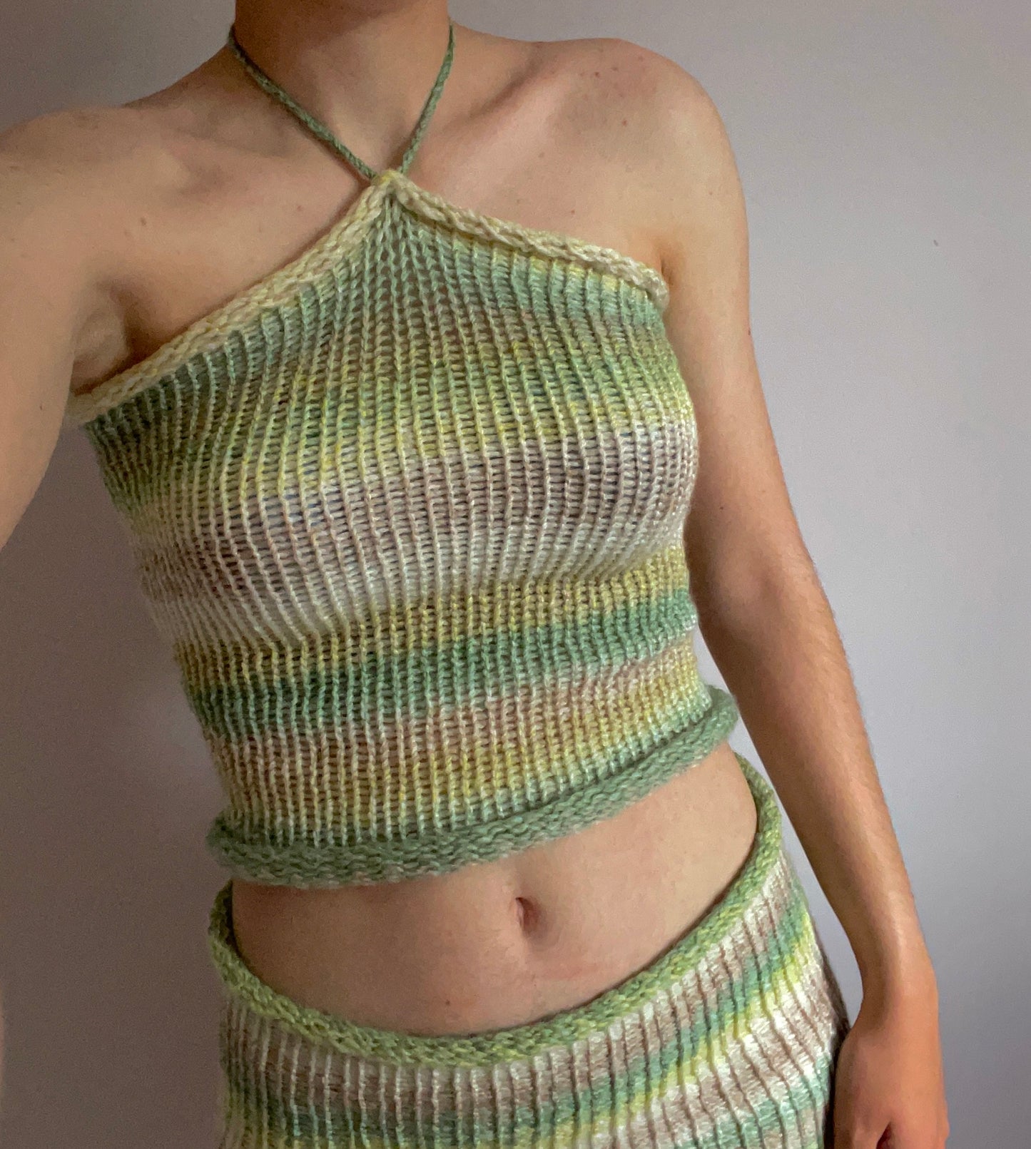 Handmade knitted halter top in green, beige and cream