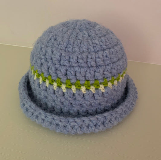 Handmade cornflower blue chunky crochet bowler hat with olive green and cream stripes