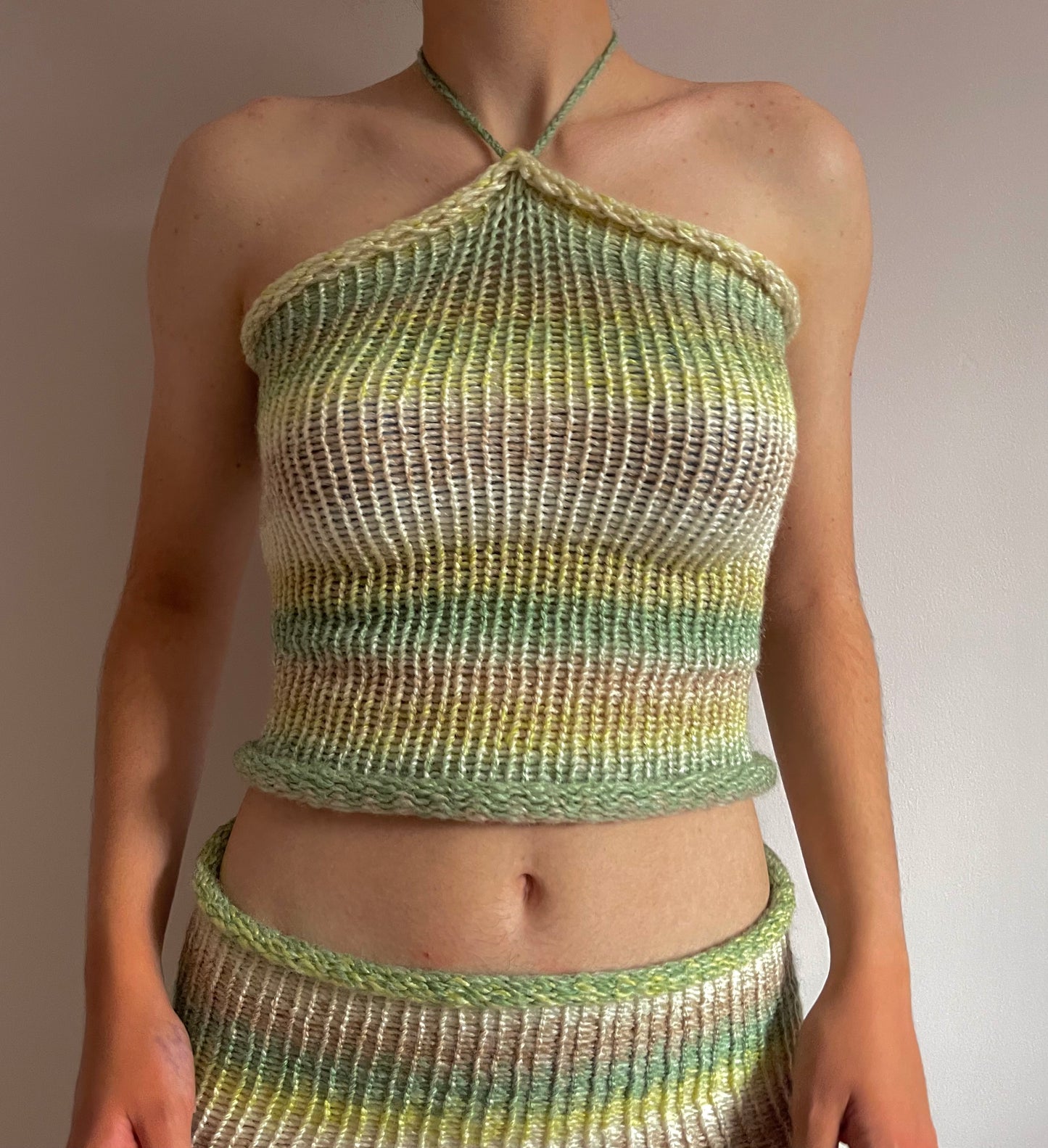Handmade knitted halter top in green, beige and cream