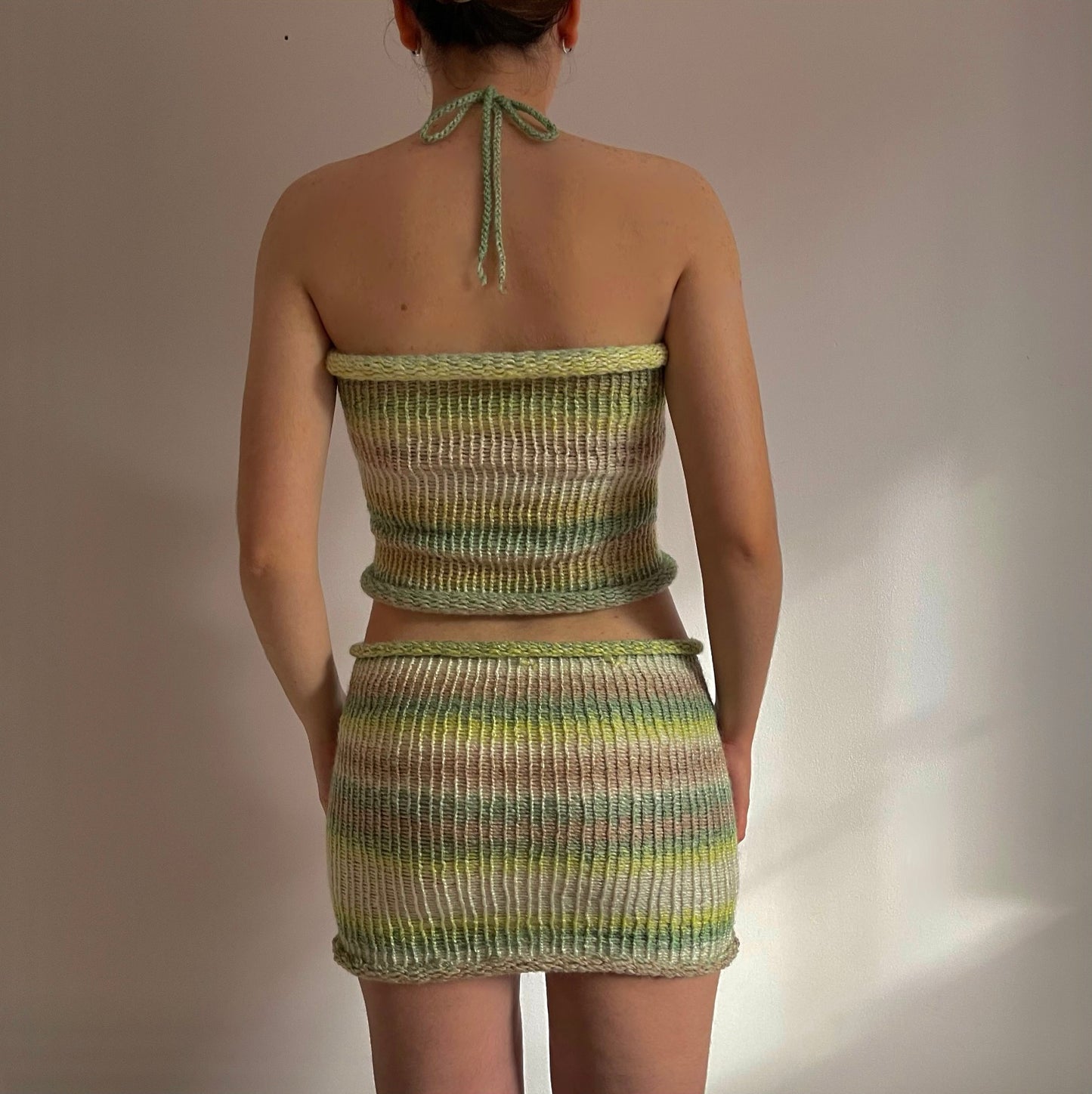Handmade knitted halter top in green, beige and cream