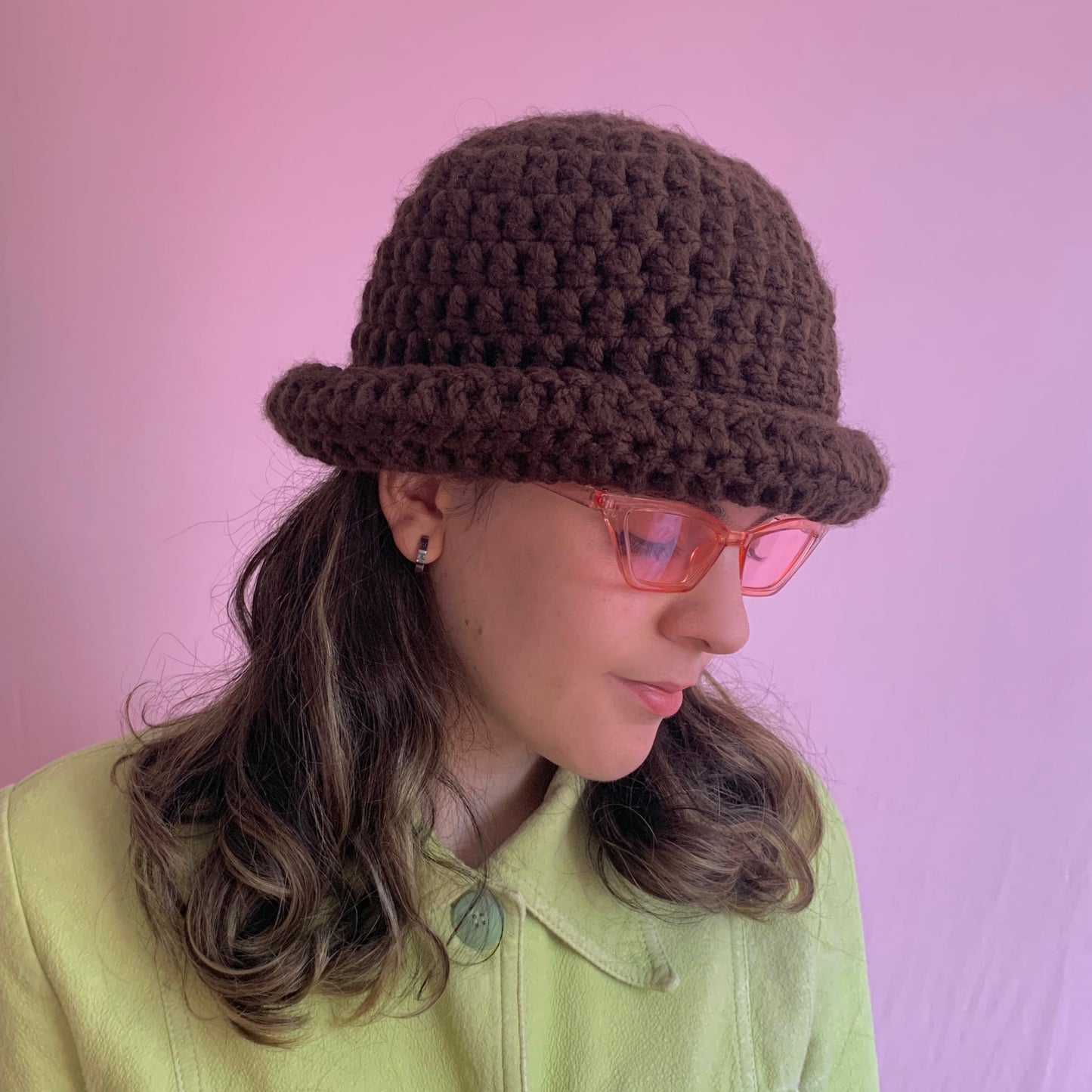 Handmade brown chunky crochet bowler hat