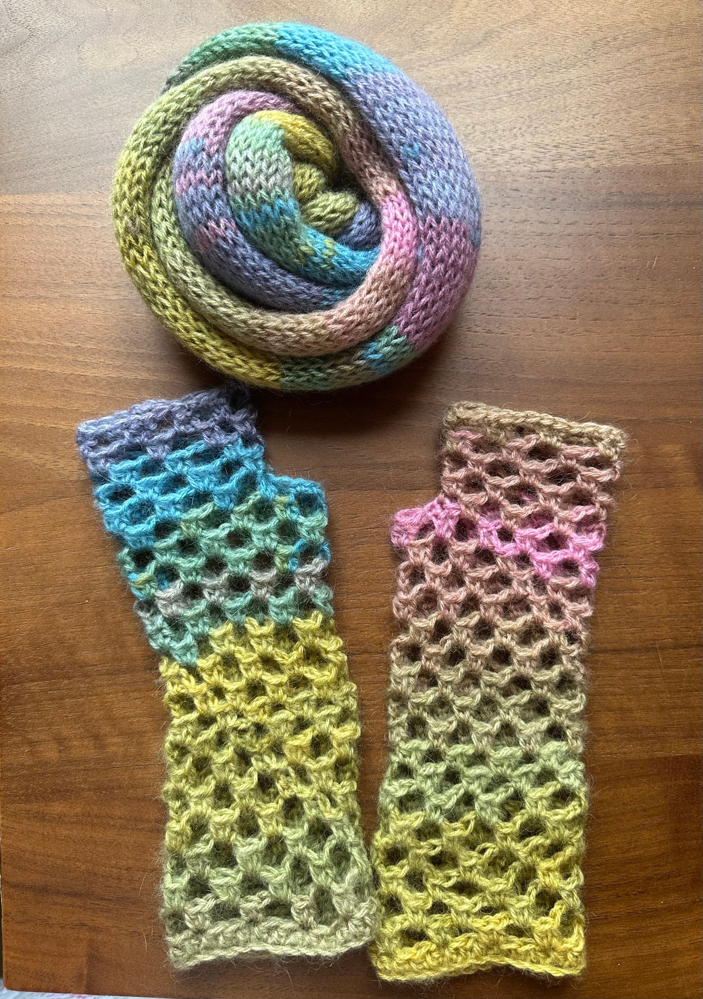 Handmade knitted ombré skinny scarf in dusky rainbow