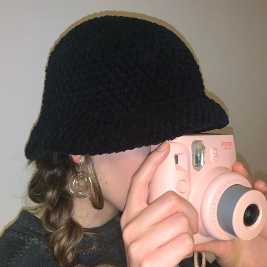 Handmade crushed velvet crochet bucket hat in black